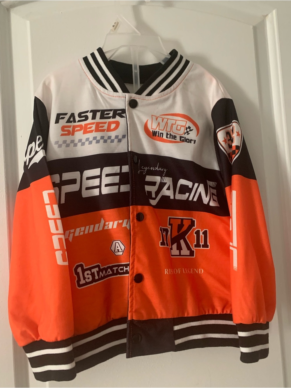 Speed Racing Graphic Bomber Jacket in Orange, White & Black
